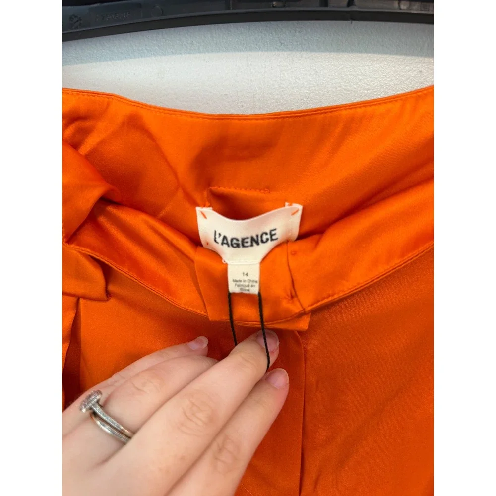 L'AGENCE Orange Satin Wide Leg Pleated Trousers High Rise Pants Size 14 NEW
